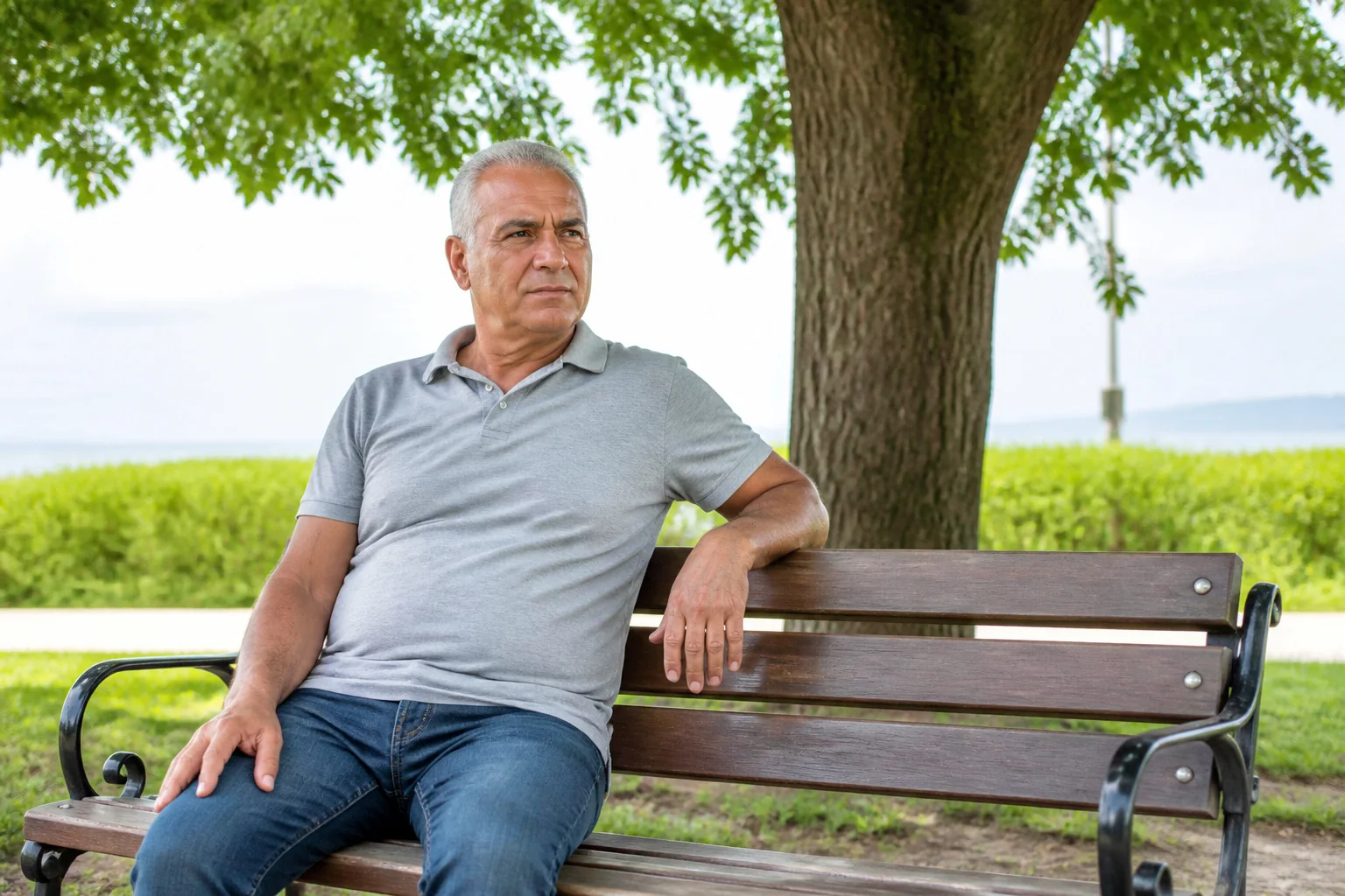 Arkasında deniz görünen bir parkta, büyük bir ağacın gölgesindeki bankta rahatça oturan yaşlı bir adam