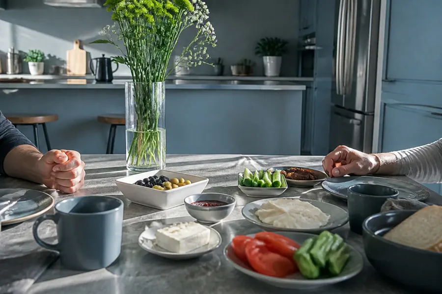 Bir mutfak masasında domates, salatalık, peynir ve çaydan oluşan bir kahvaltıya uzanan eller