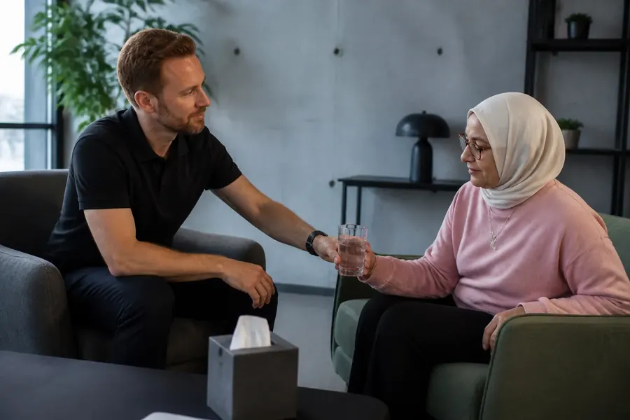 Bir psikiyatrist, koltukta oturan başörtülü ve pembe kazaklı bir kadının elini tutarak onu sıcak bir şekilde karşılıyor