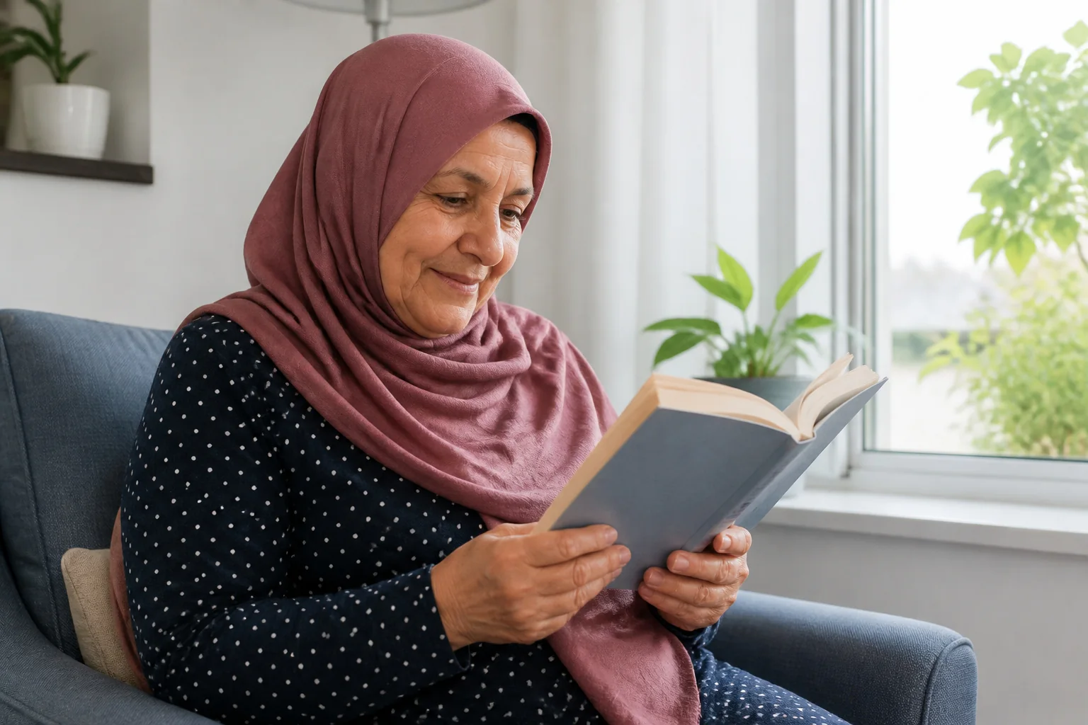 Başörtülü bir kadın pencere kenarındaki koltukta gülümseyerek kitap okuyor